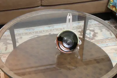 Spiral bowl. Dark bowl stood on edge to show the spiral inside.